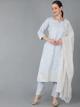 Women Blue Cotton Embroidered Straight Kurta Pant Set With Dupatta
